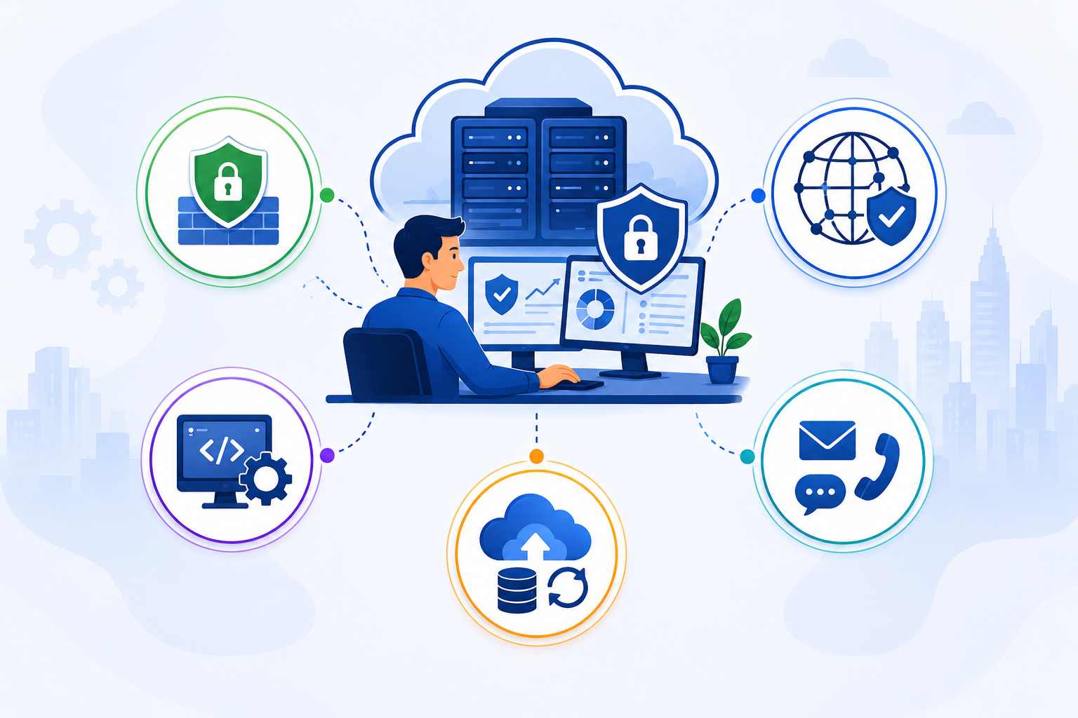 Startup support infographic showing market research, rapid prototyping, maintenance, marketing, and scalable IT infrastructure services.