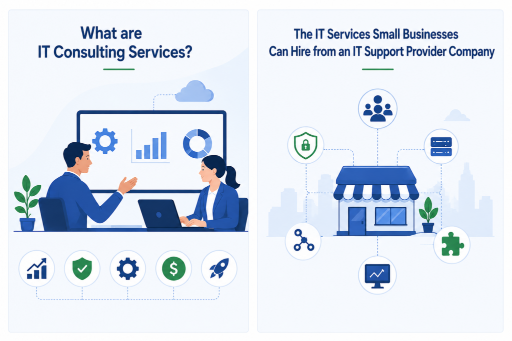 IT consulting services illustration with business professionals discussing technology strategy and business growth solutions.